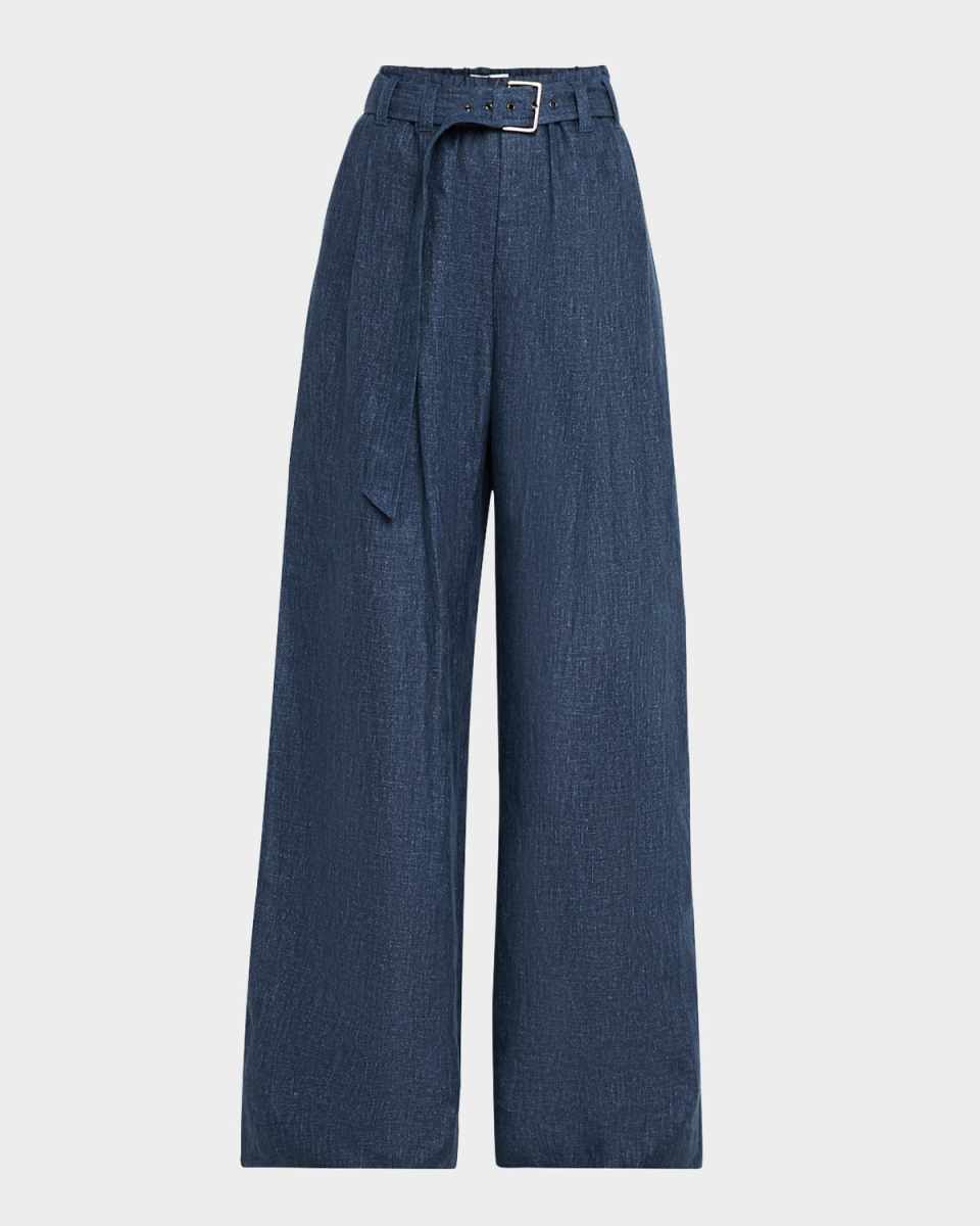 Denim-Effect Linen Wide-Leg Track Pants With Monili Belt Loop